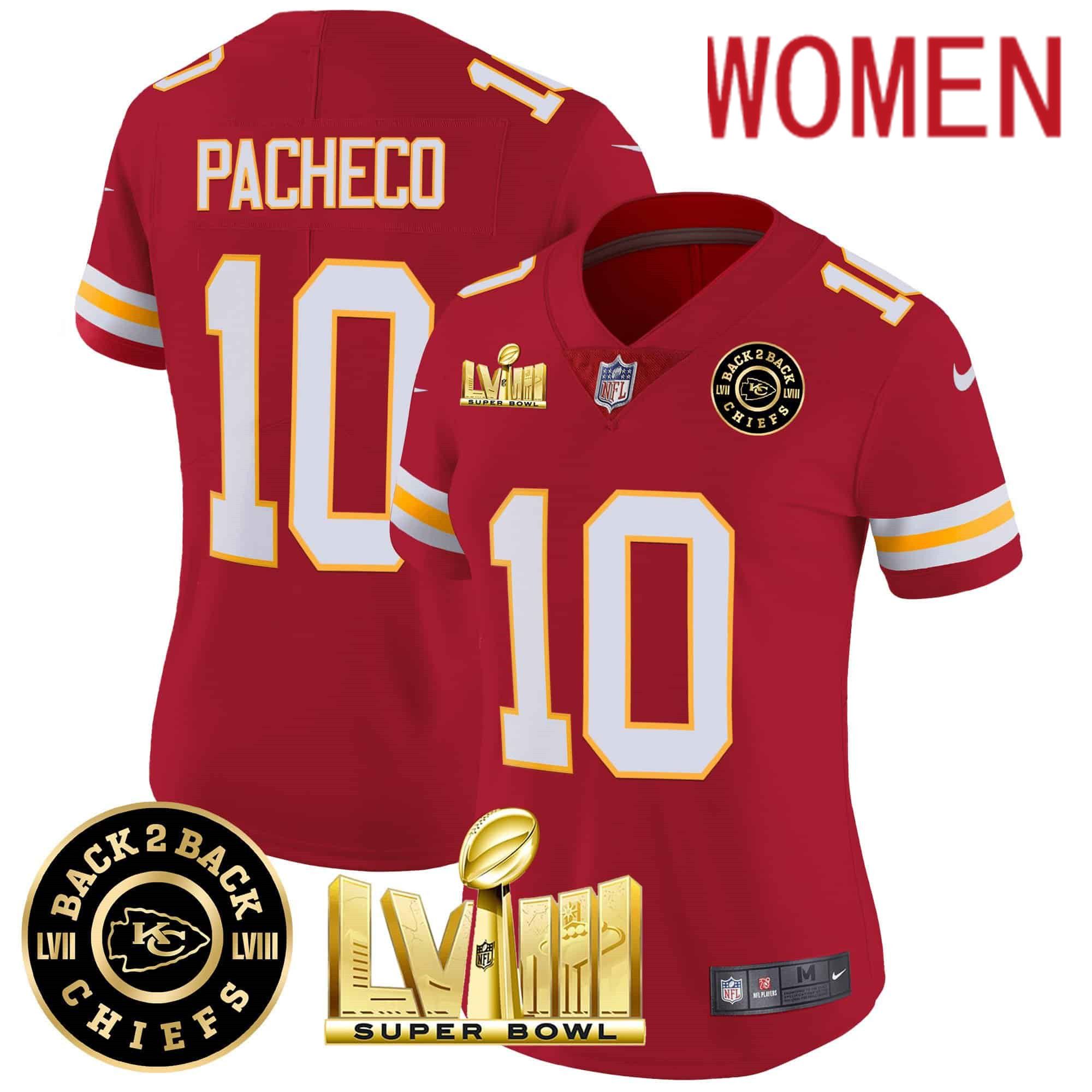 Women Kansas City Chiefs #10 Pacheco Red 2024 Nike Super Bowl LVIII & Back-2-Back Patch Vapor NFL Jersey style 3